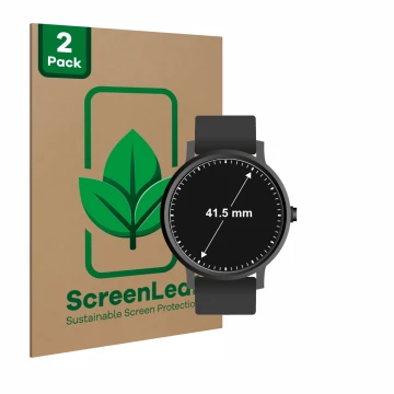 Vorderseite einer Produktverpackung mit dem Markenlogo ScreenLeaf. Daneben ist das Gerät Armbanduhren (Kreisrund, ø: 41.5 mm) 