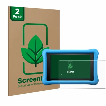 Vorderseite einer Produktverpackung mit dem Markenlogo ScreenLeaf. Daneben ist das Gerät Amazon Fire HD 8 Kids Edition 2018 (8