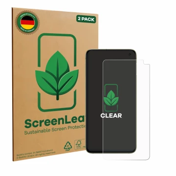 Vorderseite einer Produktverpackung mit dem Markenlogo ScreenLeaf. Daneben ist das Gerät Samsung Galaxy S10e mit dem zugehörig