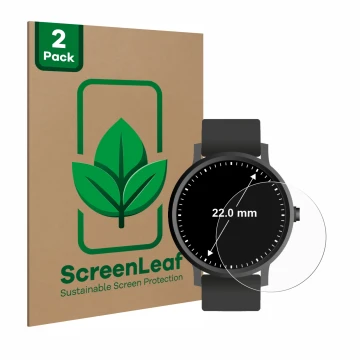 Vorderseite einer Produktverpackung mit dem Markenlogo ScreenLeaf. Daneben ist das Gerät Kreisrunde Displays (ø: 22 mm) mit de