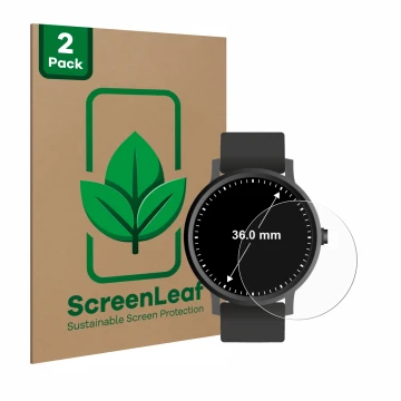 Vorderseite einer Produktverpackung mit dem Markenlogo ScreenLeaf. Daneben ist das Gerät Kreisrunde Displays (ø: 36 mm) mit de