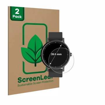Vorderseite einer Produktverpackung mit dem Markenlogo ScreenLeaf. Daneben ist das Gerät Kreisrunde Displays (ø: 39 mm) mit de