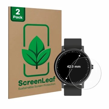 Vorderseite einer Produktverpackung mit dem Markenlogo ScreenLeaf. Daneben ist das Gerät Kreisrunde Displays (ø: 42 mm) mit de