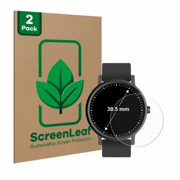 Vorderseite einer Produktverpackung mit dem Markenlogo ScreenLeaf. Daneben ist das Gerät Kreisrunde Displays (ø: 38.5 mm) mit 