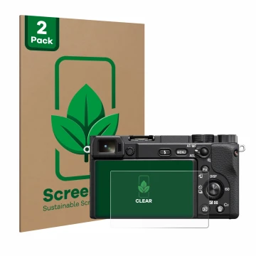 Vorderseite einer Produktverpackung mit dem Markenlogo ScreenLeaf. Daneben ist das Gerät Sony Alpha 6400 mit dem zugehörigen D