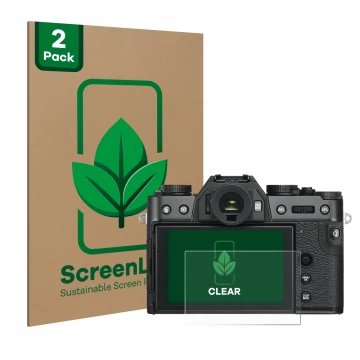 Vorderseite einer Produktverpackung mit dem Markenlogo ScreenLeaf. Daneben ist das Gerät Fujifilm X-T30 mit dem zugehörigen Di