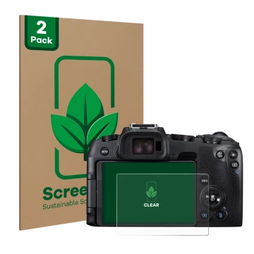 Vorderseite einer Produktverpackung mit dem Markenlogo ScreenLeaf. Daneben ist das Gerät Canon EOS RP mit dem zugehörigen Disp