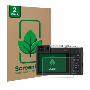 Vorderseite einer Produktverpackung mit dem Markenlogo ScreenLeaf. Daneben ist das Gerät Panasonic Lumix DC-TZ96 mit dem zugeh
