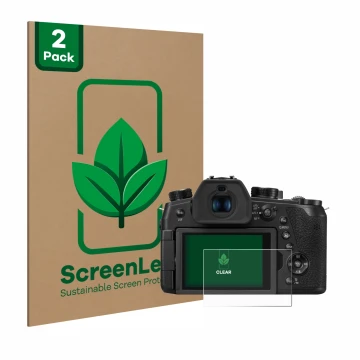 Vorderseite einer Produktverpackung mit dem Markenlogo ScreenLeaf. Daneben ist das Gerät Panasonic Lumix DC-FZ1000 II mit dem 