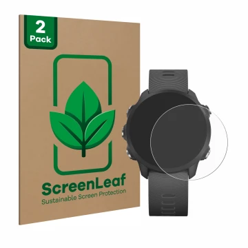 Vorderseite einer Produktverpackung mit dem Markenlogo ScreenLeaf. Daneben ist das Gerät Garmin Forerunner 245 Music mit dem z