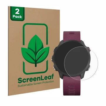 Vorderseite einer Produktverpackung mit dem Markenlogo ScreenLeaf. Daneben ist das Gerät Garmin Forerunner 245 mit dem zugehör