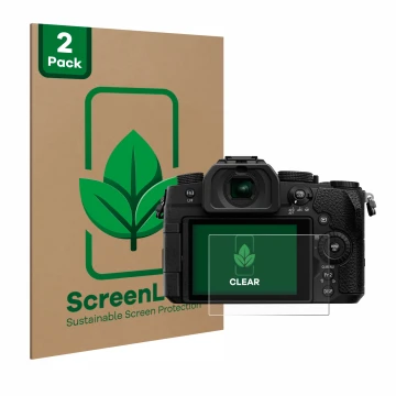 Vorderseite einer Produktverpackung mit dem Markenlogo ScreenLeaf. Daneben ist das Gerät Panasonic Lumix DC-G91 mit dem zugehö