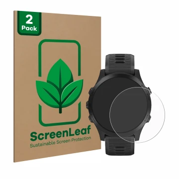 Vorderseite einer Produktverpackung mit dem Markenlogo ScreenLeaf. Daneben ist das Gerät Garmin Forerunner 945 mit dem zugehör