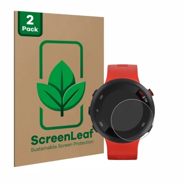 Vorderseite einer Produktverpackung mit dem Markenlogo ScreenLeaf. Daneben ist das Gerät Garmin Forerunner 45 mit dem zugehöri