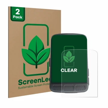 Vorderseite einer Produktverpackung mit dem Markenlogo ScreenLeaf. Daneben ist das Gerät Wahoo Elemnt Roam mit dem zugehörigen