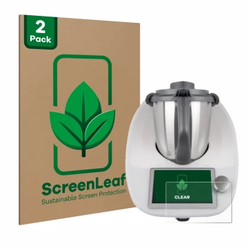 Vorderseite einer Produktverpackung mit dem Markenlogo ScreenLeaf. Daneben ist das Gerät Vorwerk Bimby TM6 mit dem zugehörigen