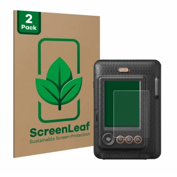 Vorderseite einer Produktverpackung mit dem Markenlogo ScreenLeaf. Daneben ist das Gerät Fujifilm Instax Mini LiPlay mit dem z