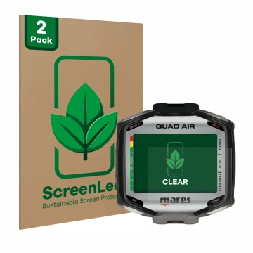 Vorderseite einer Produktverpackung mit dem Markenlogo ScreenLeaf. Daneben ist das Gerät Mares Quad Air mit dem zugehörigen Di
