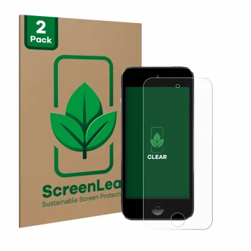 Vorderseite einer Produktverpackung mit dem Markenlogo ScreenLeaf. Daneben ist das Gerät Apple iPod Touch (7. Gen.) mit dem zu