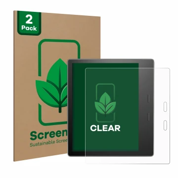 Vorderseite einer Produktverpackung mit dem Markenlogo ScreenLeaf. Daneben ist das Gerät Amazon Kindle Oasis 2019 (10. Gen.) m