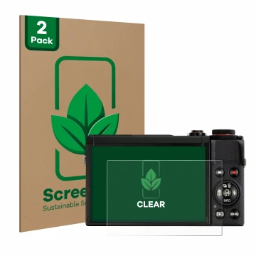 Vorderseite einer Produktverpackung mit dem Markenlogo ScreenLeaf. Daneben ist das Gerät Canon PowerShot G7 X Mark III mit dem