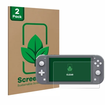 Vorderseite einer Produktverpackung mit dem Markenlogo ScreenLeaf. Daneben ist das Gerät Nintendo Switch Lite mit dem zugehöri