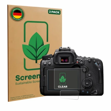 Vorderseite einer Produktverpackung mit dem Markenlogo ScreenLeaf. Daneben ist das Gerät Canon EOS 90D mit dem zugehörigen Dis