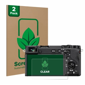 Vorderseite einer Produktverpackung mit dem Markenlogo ScreenLeaf. Daneben ist das Gerät Sony Alpha 6600 mit dem zugehörigen D