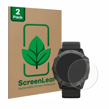 Vorderseite einer Produktverpackung mit dem Markenlogo ScreenLeaf. Daneben ist das Gerät Garmin Fenix 6X Pro mit dem zugehörig