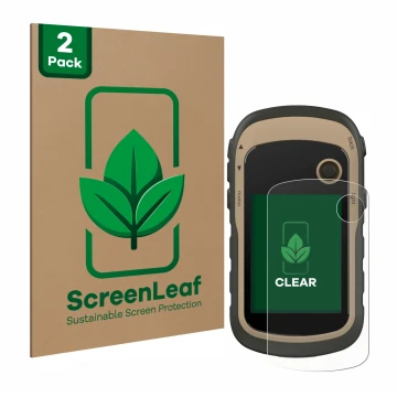 Vorderseite einer Produktverpackung mit dem Markenlogo ScreenLeaf. Daneben ist das Gerät Garmin eTrex 32x mit dem zugehörigen 