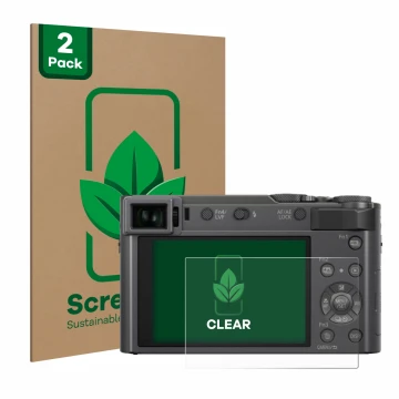 Vorderseite einer Produktverpackung mit dem Markenlogo ScreenLeaf. Daneben ist das Gerät Panasonic Lumix DC-TZ200 mit dem zuge