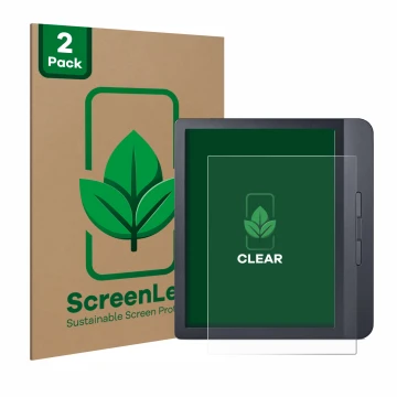 Vorderseite einer Produktverpackung mit dem Markenlogo ScreenLeaf. Daneben ist das Gerät Kobo Libra H2O mit dem zugehörigen Di