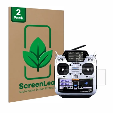 Vorderseite einer Produktverpackung mit dem Markenlogo ScreenLeaf. Daneben ist das Gerät Robbe Futaba T32MZ mit dem zugehörige