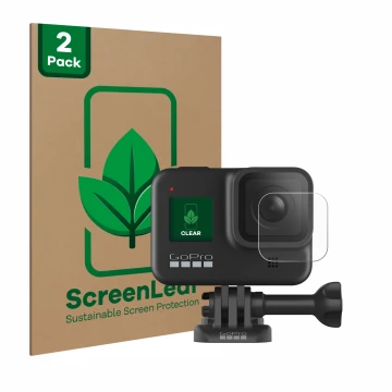Vorderseite einer Produktverpackung mit dem Markenlogo ScreenLeaf. Daneben ist das Gerät GoPro Hero 8 Black (Linse) mit dem zu