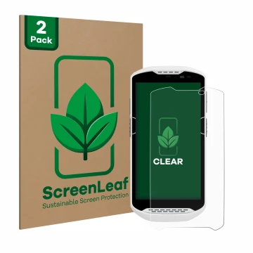 Vorderseite einer Produktverpackung mit dem Markenlogo ScreenLeaf. Daneben ist das Gerät Zebra TC57 mit dem zugehörigen Displa