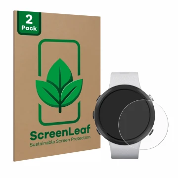 Vorderseite einer Produktverpackung mit dem Markenlogo ScreenLeaf. Daneben ist das Gerät Garmin Swim 2 mit dem zugehörigen Dis