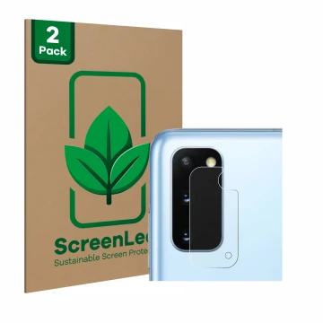 Vorderseite einer Produktverpackung mit dem Markenlogo ScreenLeaf. Daneben ist das Gerät Samsung Galaxy S20 (NUR Kameraschutz)