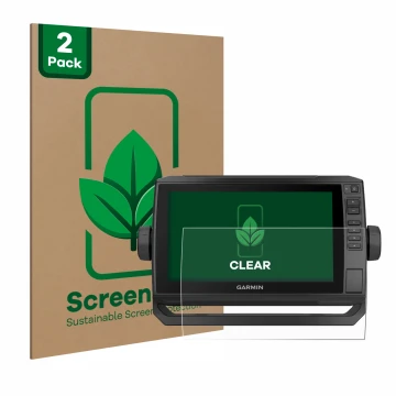 Vorderseite einer Produktverpackung mit dem Markenlogo ScreenLeaf. Daneben ist das Gerät Garmin ECHOMAP UHD 92sv mit dem zugeh