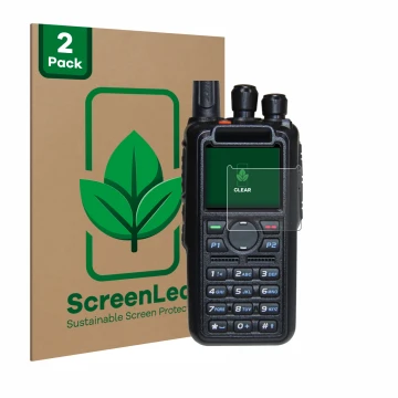 Vorderseite einer Produktverpackung mit dem Markenlogo ScreenLeaf. Daneben ist das Gerät AnyTone AT-D878UV Plus mit dem zugehö