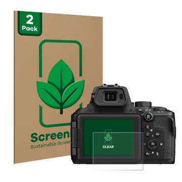 Vorderseite einer Produktverpackung mit dem Markenlogo ScreenLeaf. Daneben ist das Gerät Nikon Coolpix P950 mit dem zugehörige