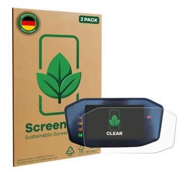 Vorderseite einer Produktverpackung mit dem Markenlogo ScreenLeaf. Daneben ist das Gerät KTM 890 Duke R 2020 TFT Screen mit de