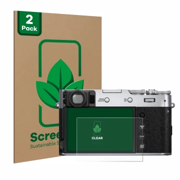 Vorderseite einer Produktverpackung mit dem Markenlogo ScreenLeaf. Daneben ist das Gerät Fujifilm X100V mit dem zugehörigen Di