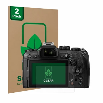 Vorderseite einer Produktverpackung mit dem Markenlogo ScreenLeaf. Daneben ist das Gerät Olympus OM-D E-M1 Mark III mit dem zu