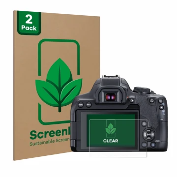 Vorderseite einer Produktverpackung mit dem Markenlogo ScreenLeaf. Daneben ist das Gerät Canon EOS 850D mit dem zugehörigen Di