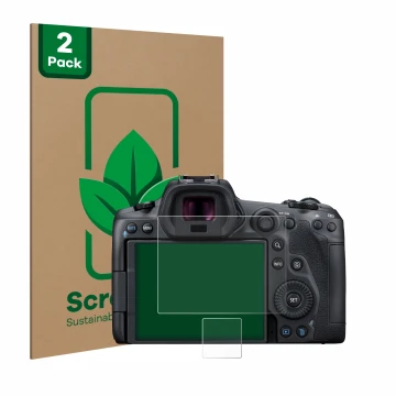 Vorderseite einer Produktverpackung mit dem Markenlogo ScreenLeaf. Daneben ist das Gerät Canon EOS R5 mit dem zugehörigen Disp