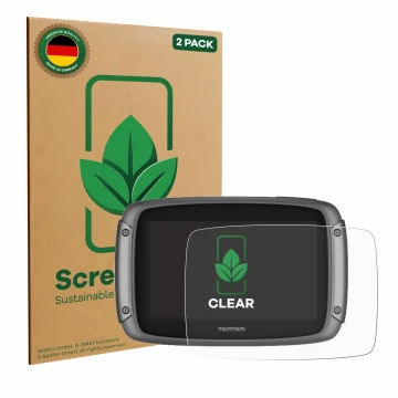 Vorderseite einer Produktverpackung mit dem Markenlogo ScreenLeaf. Daneben ist das Gerät TomTom Rider 50 mit dem zugehörigen D