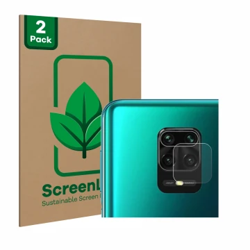 Vorderseite einer Produktverpackung mit dem Markenlogo ScreenLeaf. Daneben ist das Gerät Xiaomi Redmi Note 9S (NUR Kameraschut