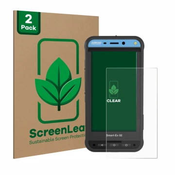 Vorderseite einer Produktverpackung mit dem Markenlogo ScreenLeaf. Daneben ist das Gerät Ecom Smart-Ex 02 DZ1 mit dem zugehöri