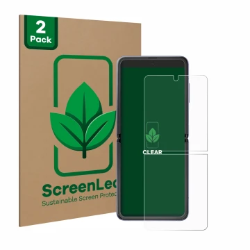 Vorderseite einer Produktverpackung mit dem Markenlogo ScreenLeaf. Daneben ist das Gerät Samsung Galaxy Z Flip 5G mit dem zuge