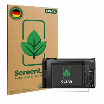 Vorderseite einer Produktverpackung mit dem Markenlogo ScreenLeaf. Daneben ist das Gerät Sony ZV-1 mit dem zugehörigen Display